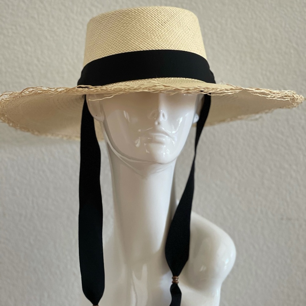 SENSI STUDIO Long Brim Boater Hat w/ Black Ribbon